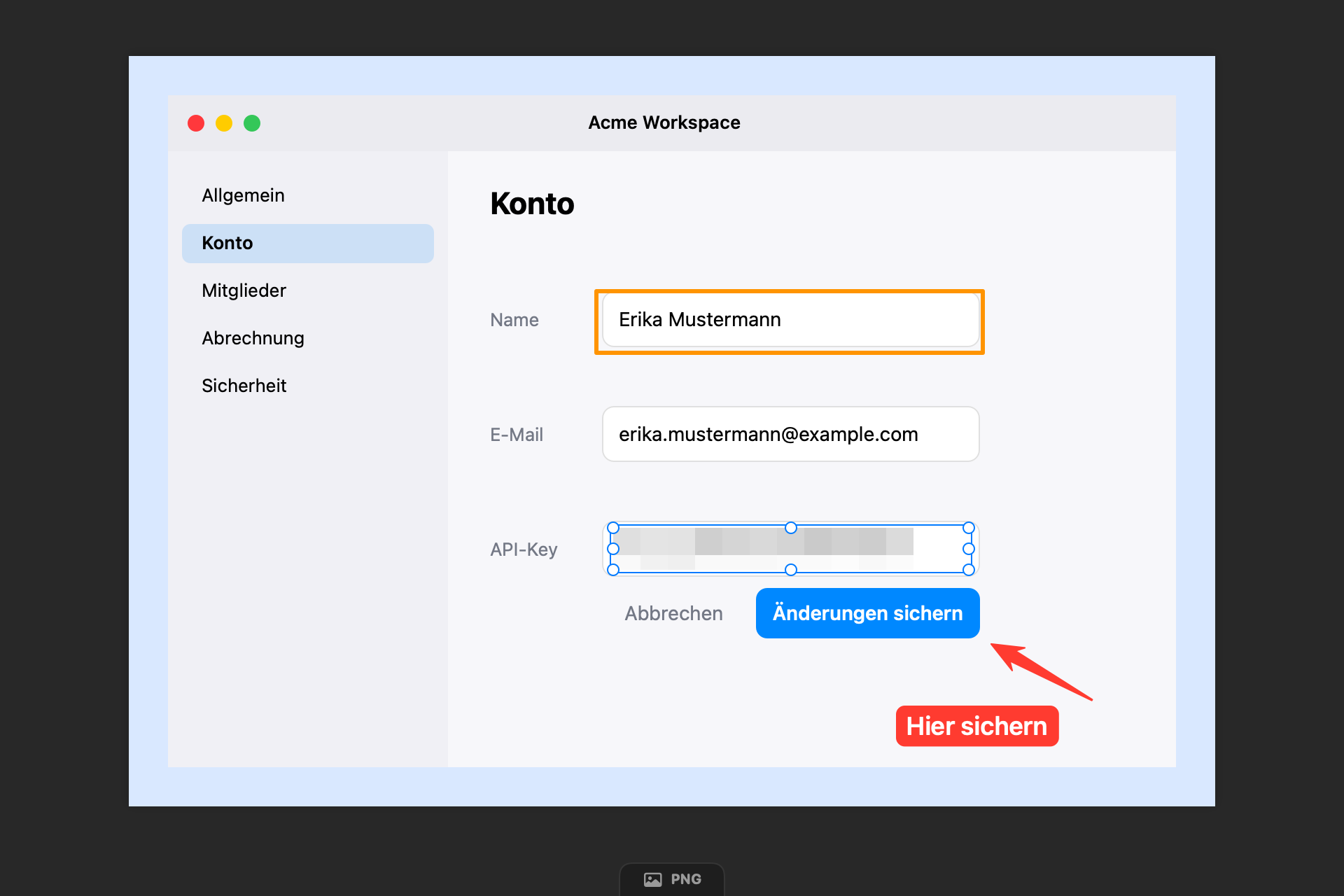 Ein API-Key wird verpixelt. Um die Blöcke liegen Griffe zum Ändern der Größe.